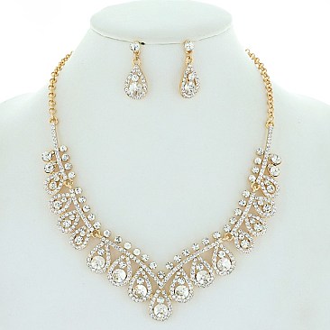 Classic V-shape Crystal Rhinestone Teardrop Necklace Earring Set