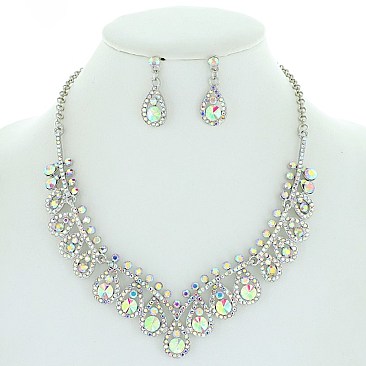 Classic V-shape Crystal Rhinestone Teardrop Necklace Earring Set