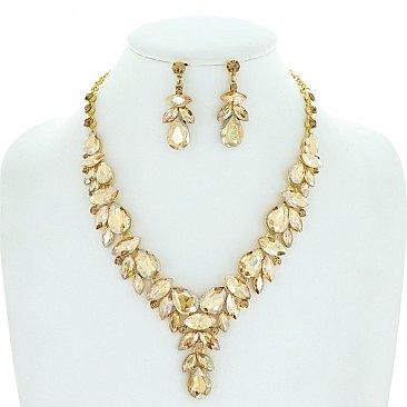 Dazzling Crystal Rhinestone Teardrop Cluster V-shape Necklace Earring Set
