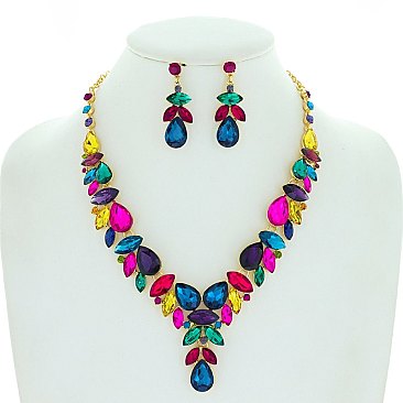 Dazzling Crystal Rhinestone Teardrop Cluster V-shape Necklace Earring Set