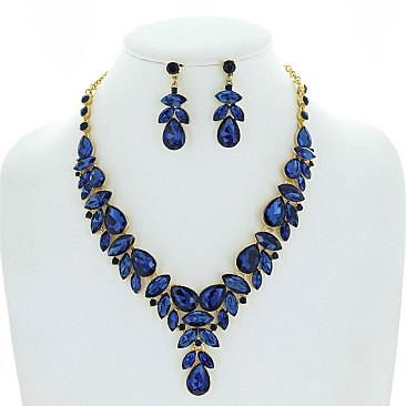 Dazzling Crystal Rhinestone Teardrop Cluster V-shape Necklace Earring Set