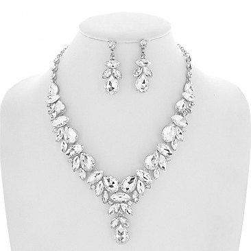 Dazzling Crystal Rhinestone Teardrop Cluster V-shape Necklace Earring Set