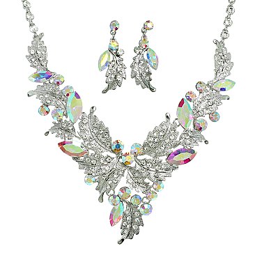 Classic Crystal Leaves and Petals V-shape Necklace Earring Set