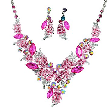 Classic Crystal Leaves and Petals V-shape Necklace Earring Set