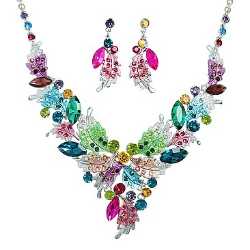 Classic Crystal Leaves and Petals V-shape Necklace Earring Set