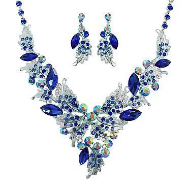 Classic Crystal Leaves and Petals V-shape Necklace Earring Set