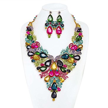 COLORED CRYSTAL TEARDROP STATEMENT NECKLACE SET