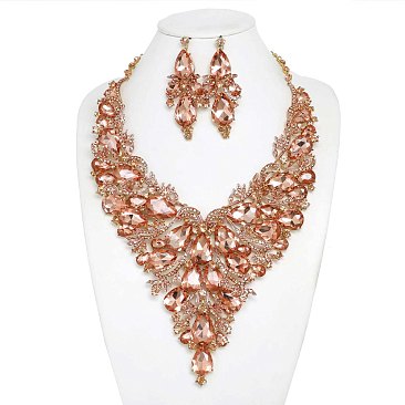 COLORED CRYSTAL TEARDROP STATEMENT NECKLACE SET