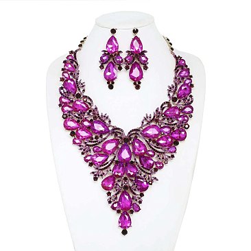 COLORED CRYSTAL TEARDROP STATEMENT NECKLACE SET