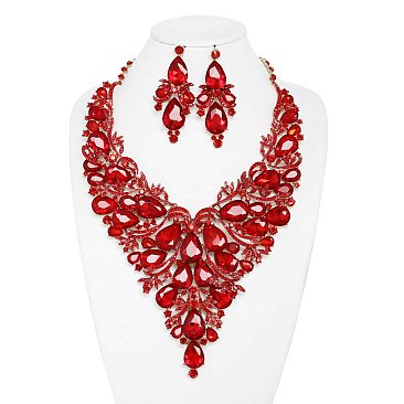 COLORED CRYSTAL TEARDROP STATEMENT NECKLACE SET