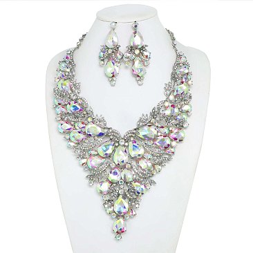 COLORED CRYSTAL TEARDROP STATEMENT NECKLACE SET