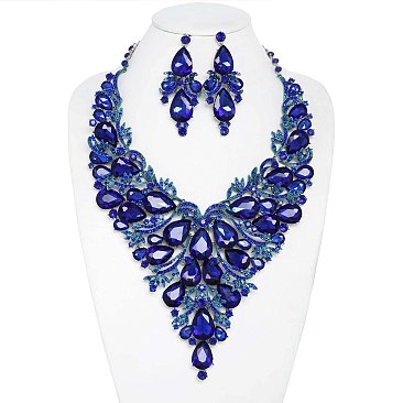 COLORED CRYSTAL TEARDROP STATEMENT NECKLACE SET