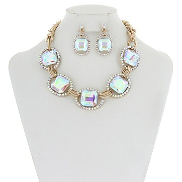 Trendy Chunky Square Gem in Oval Rhinestone Link Necklace and Earrings Set