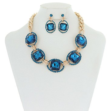 Trendy Chunky Square Gem in Oval Rhinestone Link Necklace and Earrings Set
