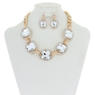 Trendy Chunky Square Gem in Oval Rhinestone Link Necklace and Earrings Set