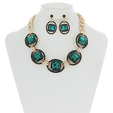 Trendy Chunky Square Gem in Oval Rhinestone Link Necklace and Earrings Set