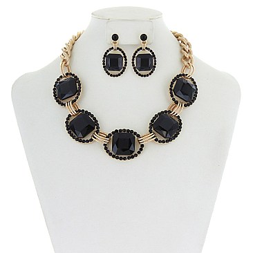 Trendy Chunky Square Gem in Oval Rhinestone Link Necklace and Earrings Set