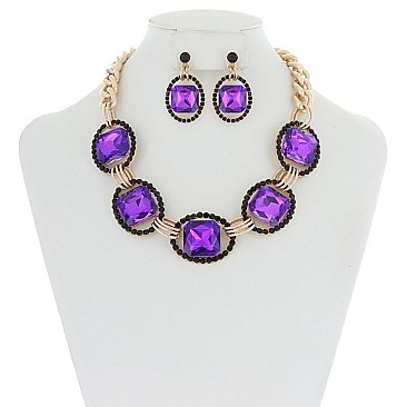 Trendy Chunky Square Gem in Oval Rhinestone Link Necklace and Earrings Set