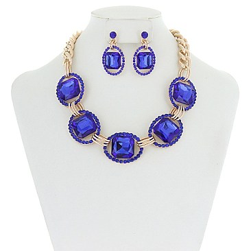 Trendy Chunky Square Gem in Oval Rhinestone Link Necklace and Earrings Set