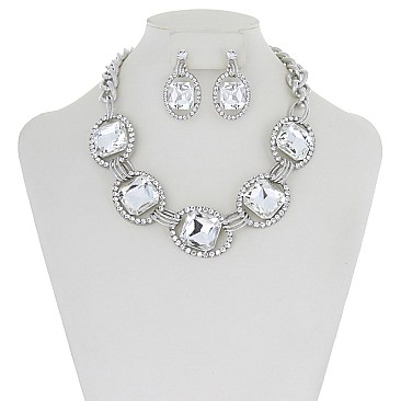 Trendy Chunky Square Gem in Oval Rhinestone Link Necklace and Earrings Set