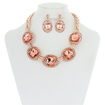 Trendy Chunky Square Gem in Oval Rhinestone Link Necklace and Earrings Set