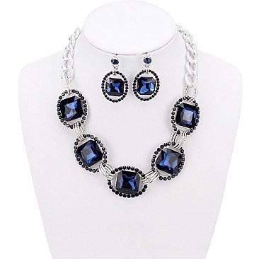 Trendy Chunky Square Gem in Oval Rhinestone Link Necklace and Earrings Set