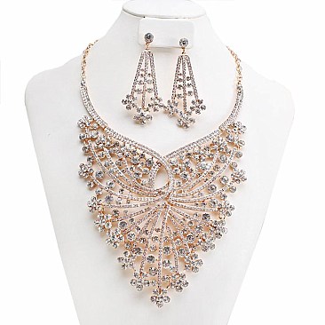 Large Symmetric Flower Branches Bib Style RHINESTONE NECKLACE SET MEZ7057