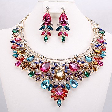 FASHIONABLE OVAL SHAPE GEM BIB NECKLACE SET SLNBY7133