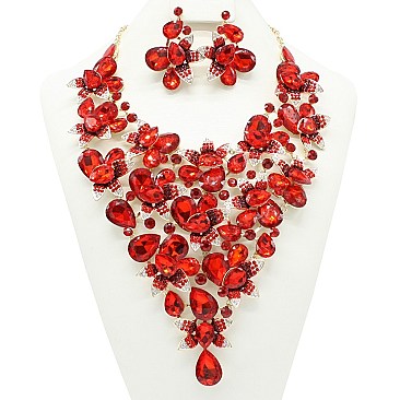 GLAMOROUS FLOWER THEME TEARDROP STONE BIB NECKLACE SET