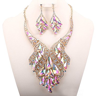 FASHIONABLE GEM CLUSTER RHINESTONE NECKLACE SET SLNBY7572