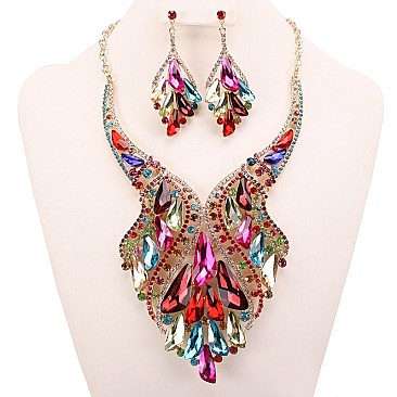 FASHIONABLE GEM CLUSTER RHINESTONE NECKLACE SET SLNBY7572