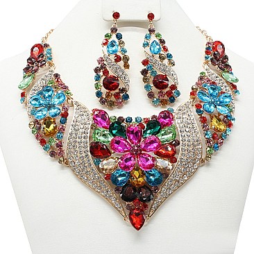 TRENDY V SHAPE RHINESTONE NECKLACE SET SLNBY7575