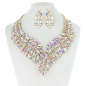 FASHIONABLE FEATHER RHINESTONE NECKLACE SET W/ GEMS SLNBY7853