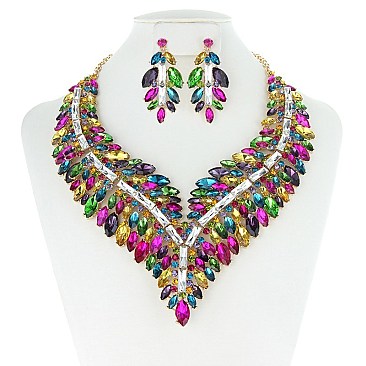 FASHIONABLE FEATHER RHINESTONE NECKLACE SET W/ GEMS SLNBY7853