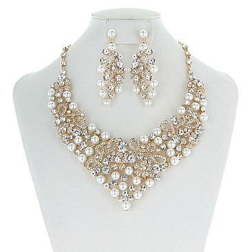 FASHIONABLE CHUNKY RHINESTONE NECKLACE SET W/PEARLS SLNBY8191