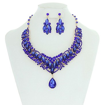 Princess Style Bib RHINESTONE NECKLACE With Large Centered TearDrop SET  MEZ8552