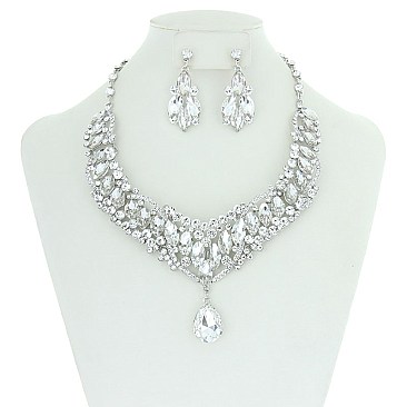 Princess Style Bib RHINESTONE NECKLACE With Large Centered TearDrop SET  MEZ8552