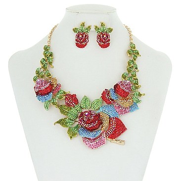 FASHIONABLE LARGE ROSE FLOWER NECKLACE ER SET