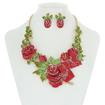 FASHIONABLE LARGE ROSE FLOWER NECKLACE ER SET