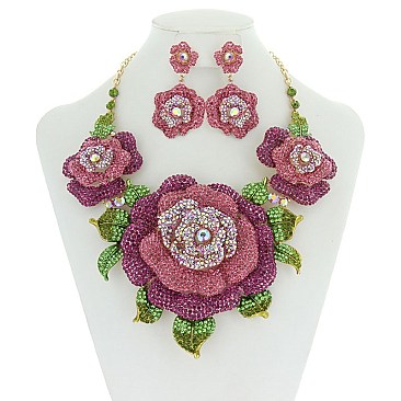 Large Rhinestone Roses Statement Necklace Set