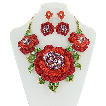 Large Rhinestone Roses Statement Necklace Set