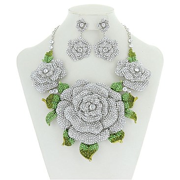 Large Rhinestone Roses Statement Necklace Set