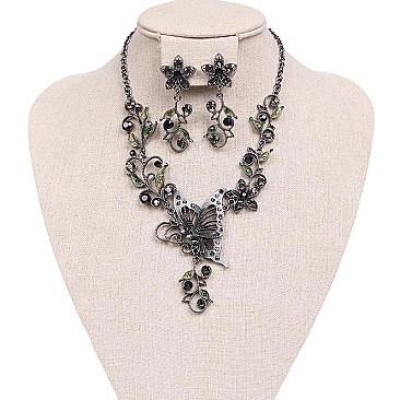 Fashionable Metal with Stones Butterfly and Flowers Necklace and Earrings Set SLNDS55