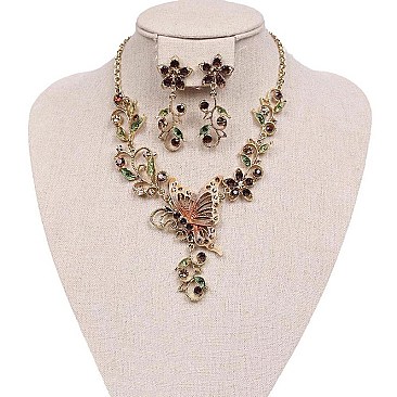 Fashionable Metal with Stones Butterfly and Flowers Necklace and Earrings Set SLNDS55