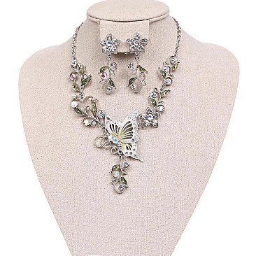 Fashionable Metal with Stones Butterfly and Flowers Necklace and Earrings Set SLNDS55