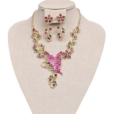 Fashionable Metal with Stones Butterfly and Flowers Necklace and Earrings Set SLNDS55