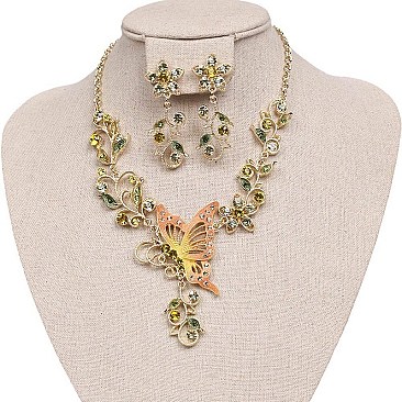 Fashionable Metal with Stones Butterfly and Flowers Necklace and Earrings Set SLNDS55