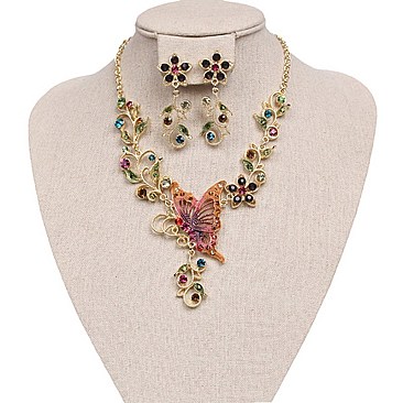 Fashionable Metal with Stones Butterfly and Flowers Necklace and Earrings Set SLNDS55