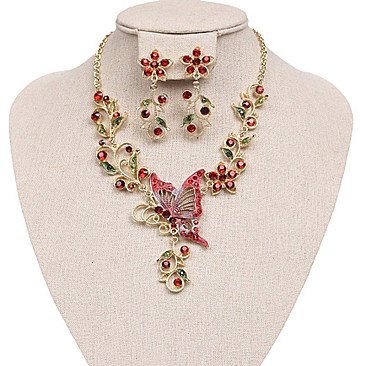 Fashionable Metal with Stones Butterfly and Flowers Necklace and Earrings Set SLNDS55