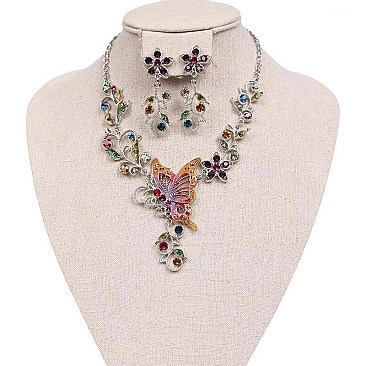 Fashionable Metal with Stones Butterfly and Flowers Necklace and Earrings Set SLNDS55